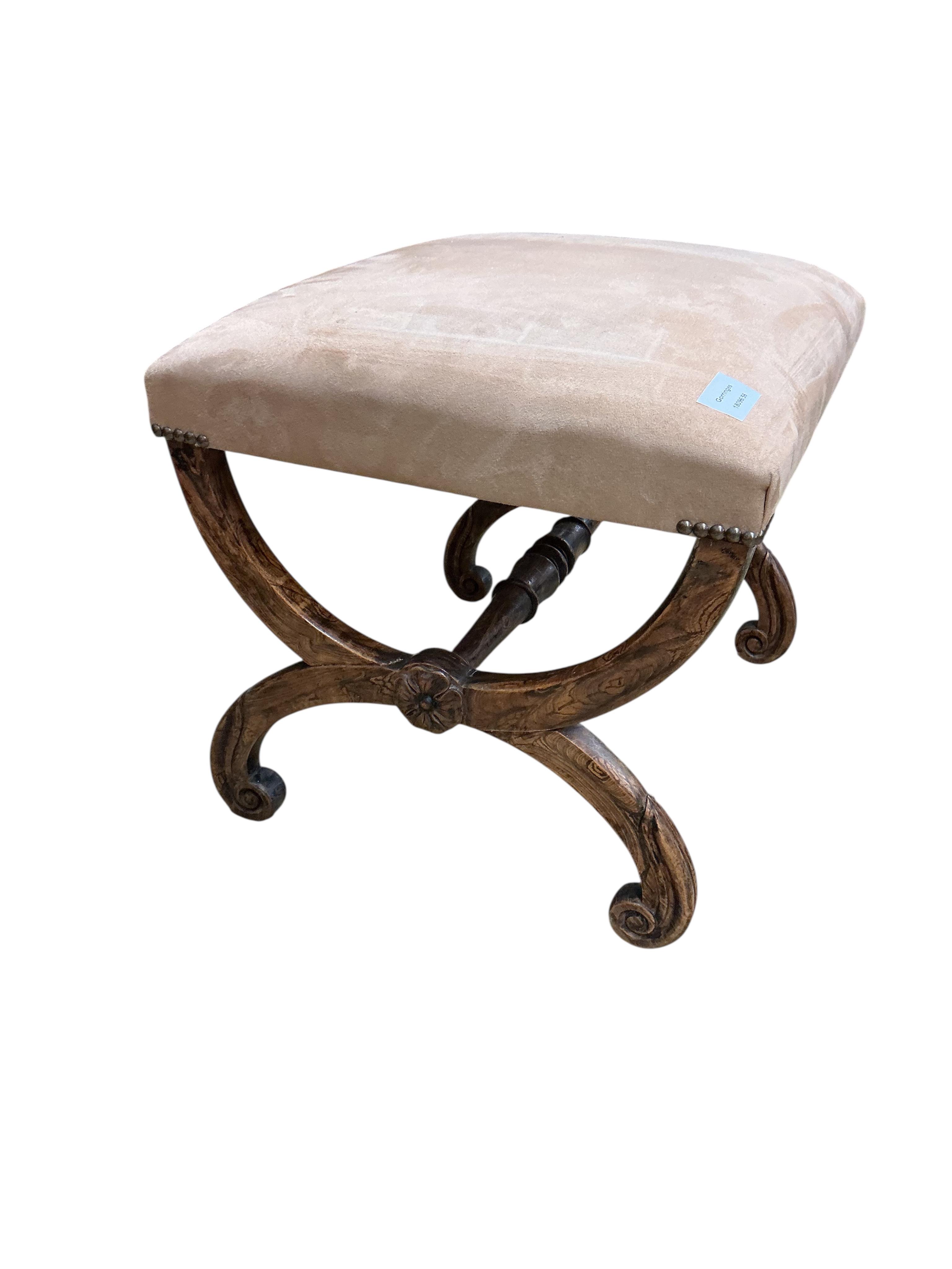 A William IV simulated rosewood 'X' frame dressing stool, width 55cm, depth 47cm, height 45cm